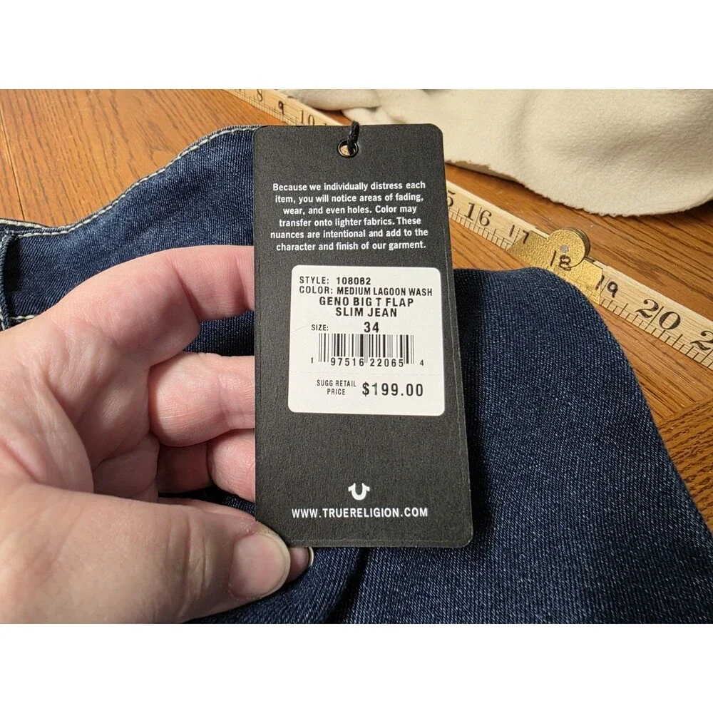 NWT True Religion Jeans Geno Big T Flap Slim Medium Lagoon Wash 34 x 32 Blue